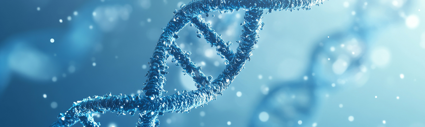Close-up of Blue Double Helix DNA Structure on a Light Blue Back