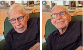 Two side-by-side photos show an older man with gray hair and glasses sitting in a chair. In the left image, his eyes are closed; in the right image, he is smiling with eyes open.