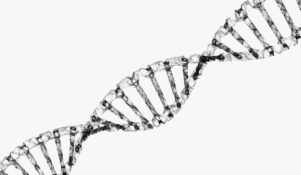 A black and white abstract illustration of a DNA double helix strand, depicted with intersecting lines and dots on a white background.