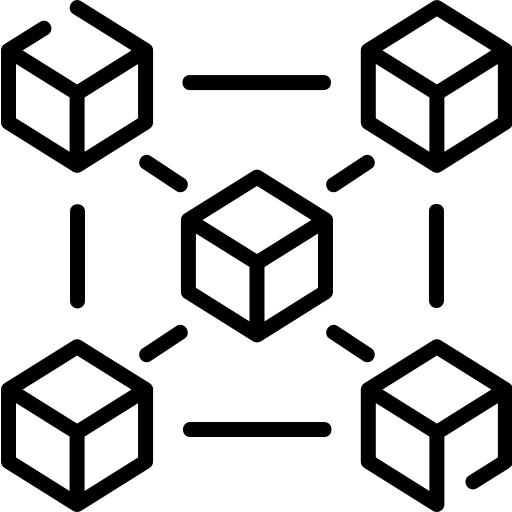 A simple black and white icon showing five interconnected cubes, representing a blockchain or network structure, with lines linking each cube to the central cube.
