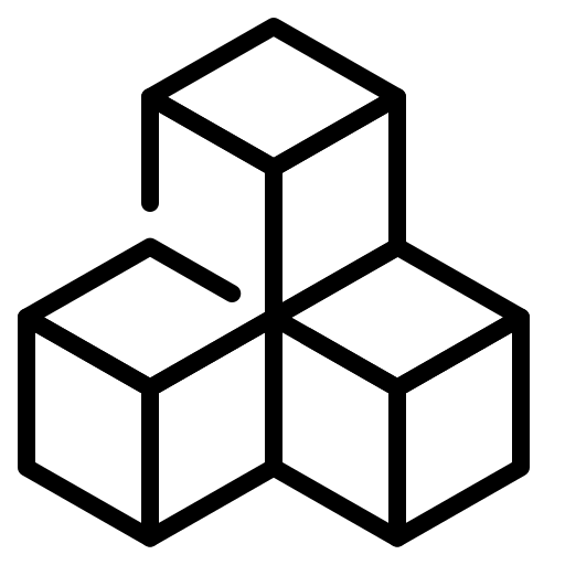 Three outlined cubes are connected. The top left cube has an open side with a line extending upward and curving down, forming an abstract geometric design.