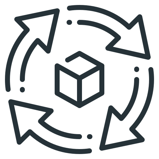 A cube surrounded by three circular arrows, symbolizing a continuous cycle or process, such as recycling, sustainability, or iterative development.
