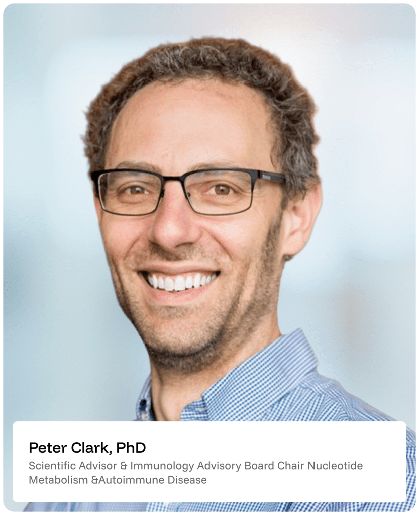 A smiling man with short curly hair, glasses, and a plaid shirt, shown from the shoulders up in front of a blurred light background. Text below names him as Peter Clark, PhD, and lists his titles and areas of expertise.