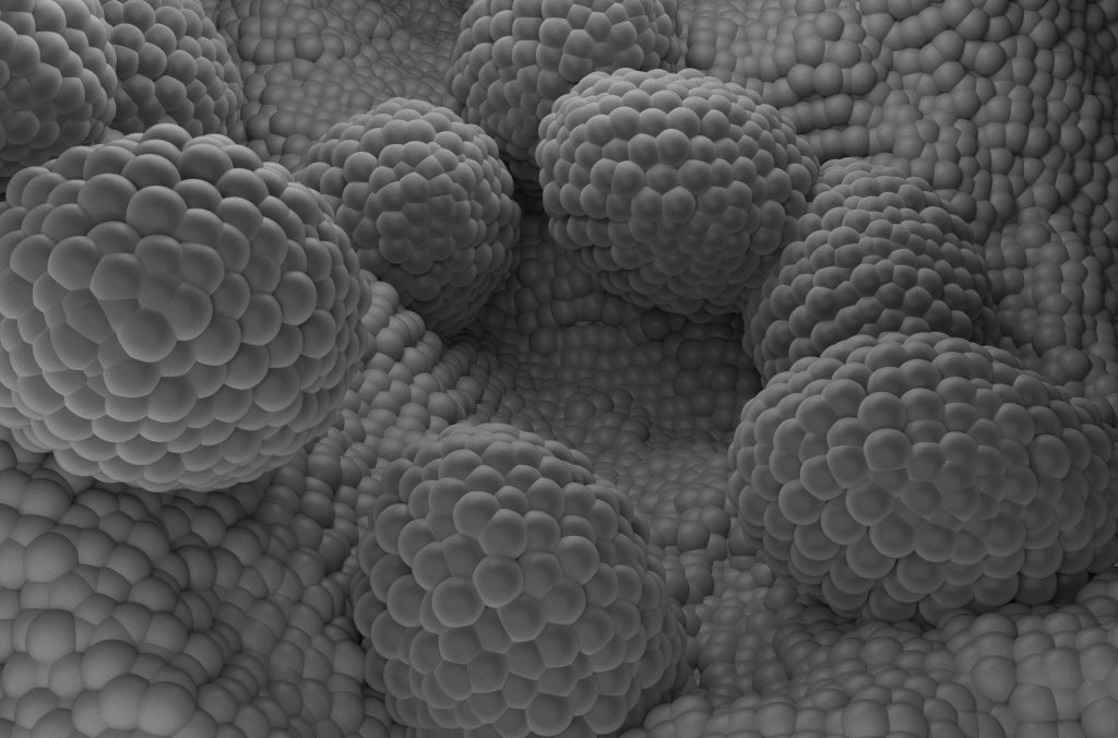 Gray, 3D-rendered clusters of rounded, bumpy, cell-like shapes filling the image, resembling microscopic or molecular structures, creating a textured and organic pattern.