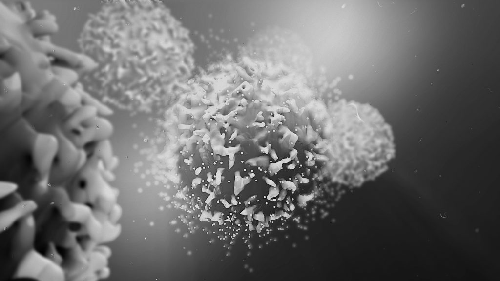 Close-up, black-and-white image of microscopic cells or particles, possibly depicting a biological or scientific concept, with irregular surfaces and small particles floating around them.